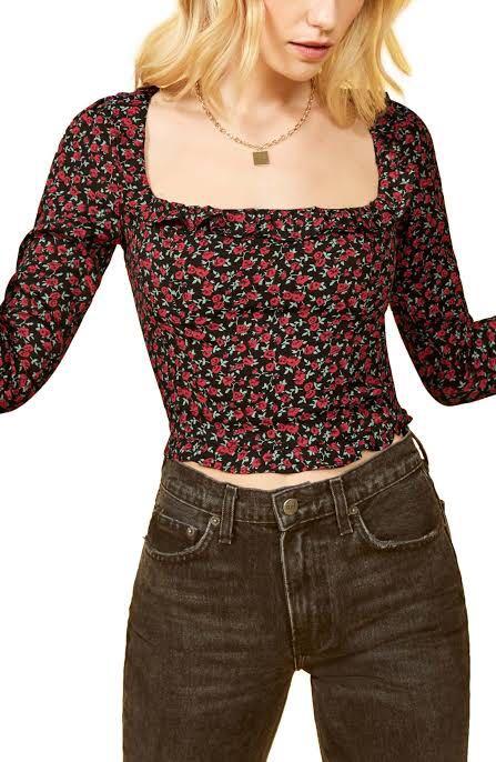 Reformation Barb Crop Top in Mabel (Category: Blouses) located in Cainta. Submitted by jilly_beans (Listing ID 1126985868, Image 2). Description: Product description: This is a slightly cropped top with a ruffle edged neckline, ruffle edged hem and 3/4 sleeves. Mabel is a floral print of roses and leaves. Bought at Nordstrom. Worn once then dry cleaned. Size 6 but honestly feels like a 4?.