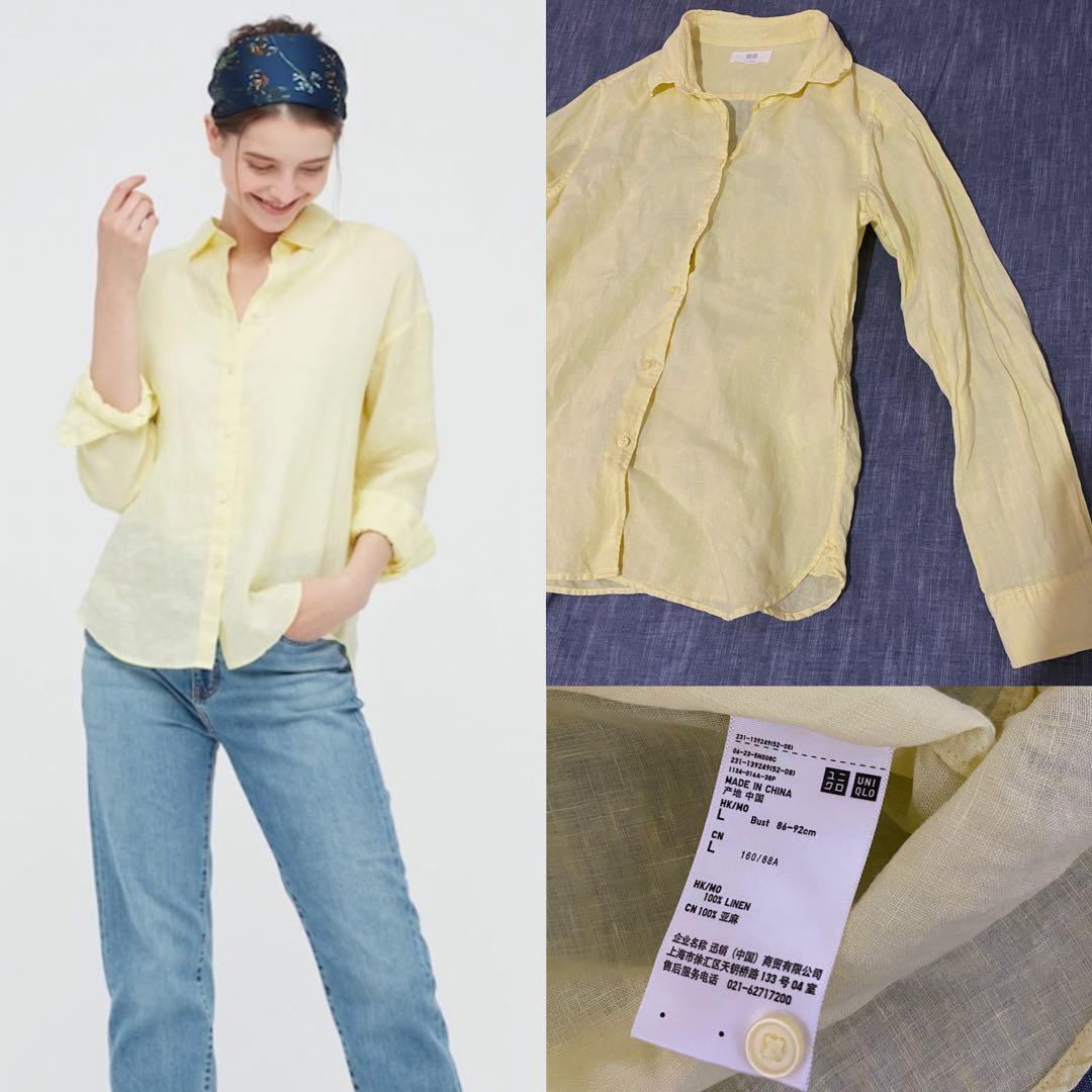 UNIQLO Womens S Yellow 3/4 Sleeves Cinched Waist Cotton Linen