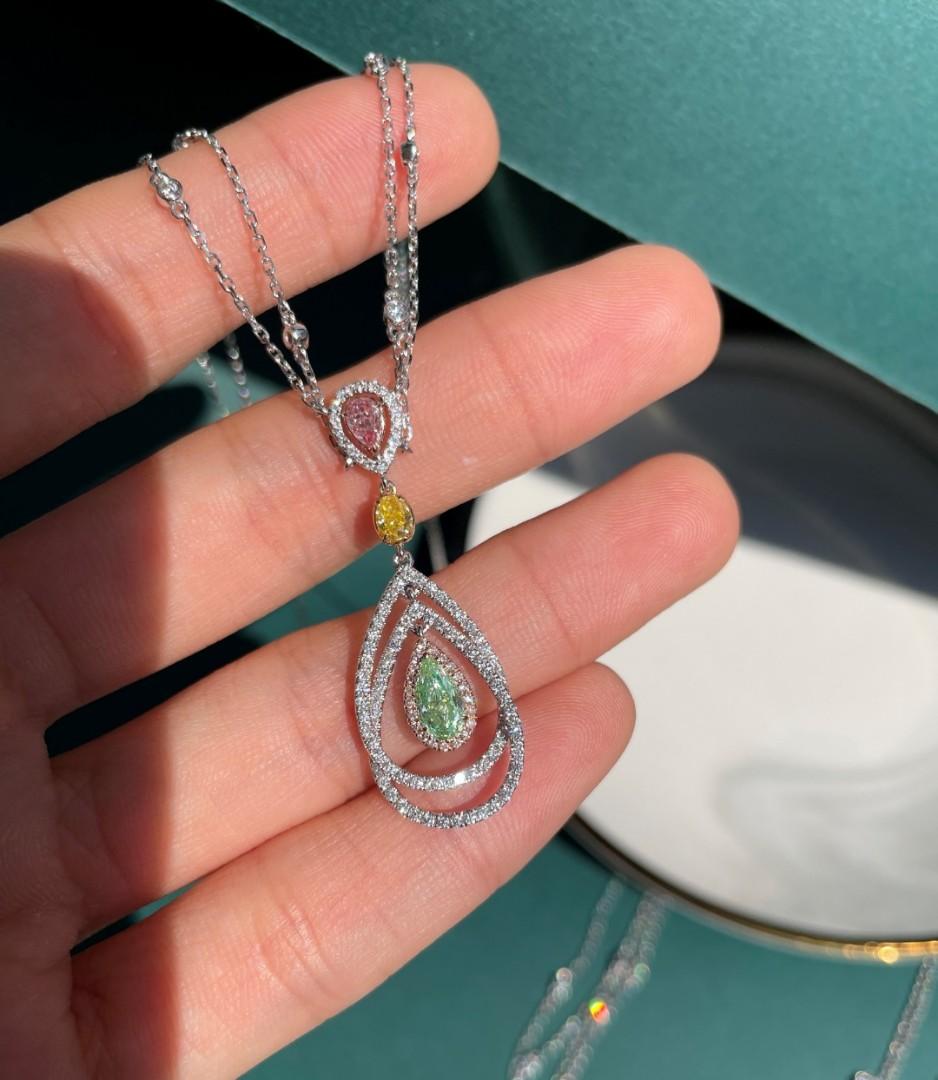 水滴形綠鑽粉鑽18k白金頸鏈Pear Green Yellow Pink Diamond 18k White