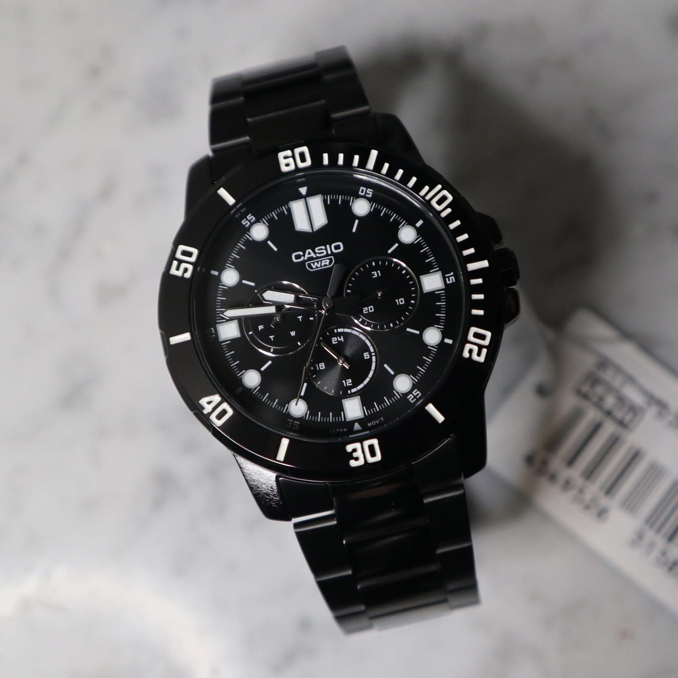 全新CASIO MTP-VD300B-1E 黑色全黑鋼45mm MTP-VD300 VD300, 男裝, 手錶
