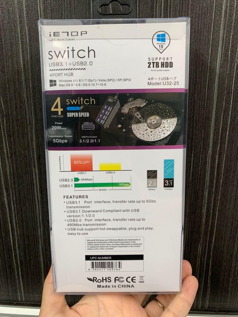 Switch USB 3.1 Superspeed 4 port Hub 超高速 4端口集線器/ 4位有開關接口/ USB分線器/ USB分插 ...
