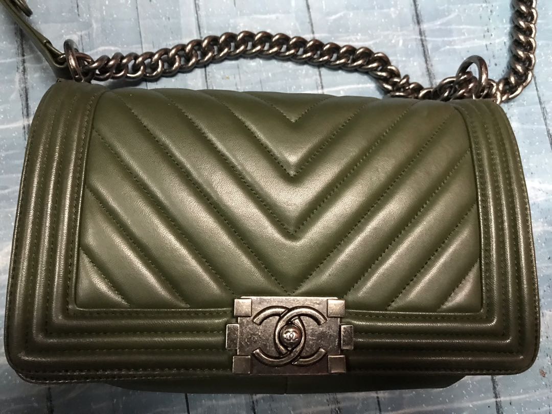 Chanel boy bag olive green Luxury Bags Wallets on Carousell