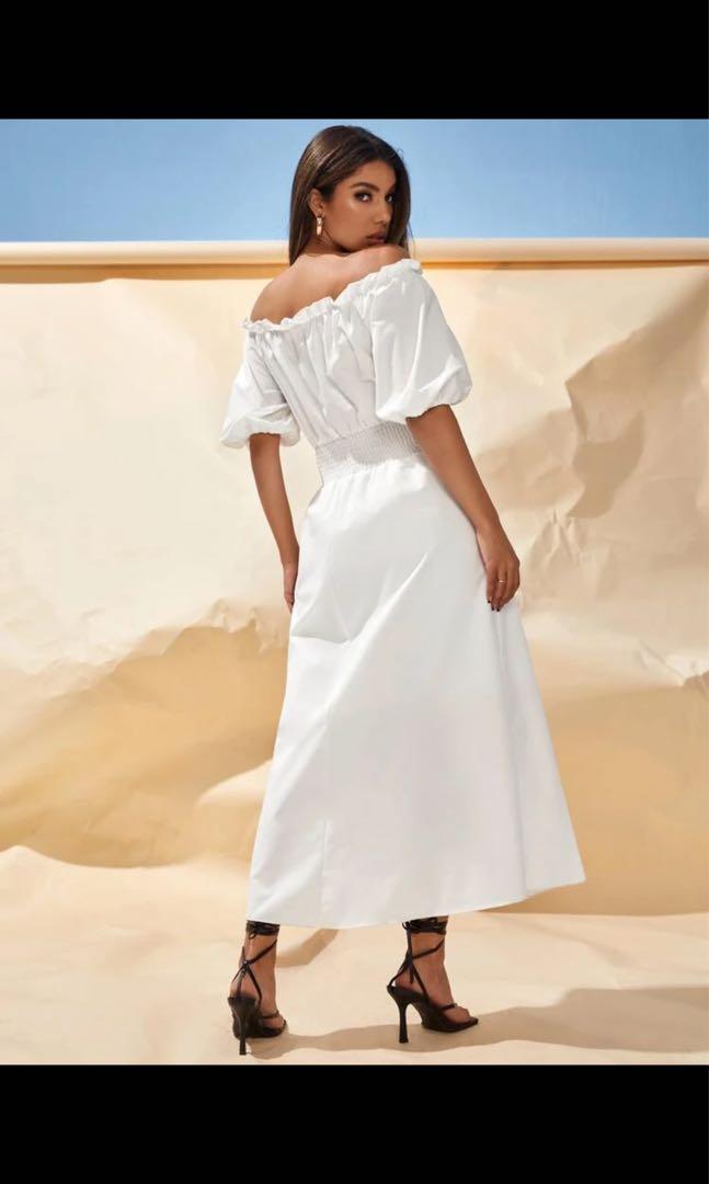 Off Shoulder Shirred Waist Dress in white Medium Women s Fashion