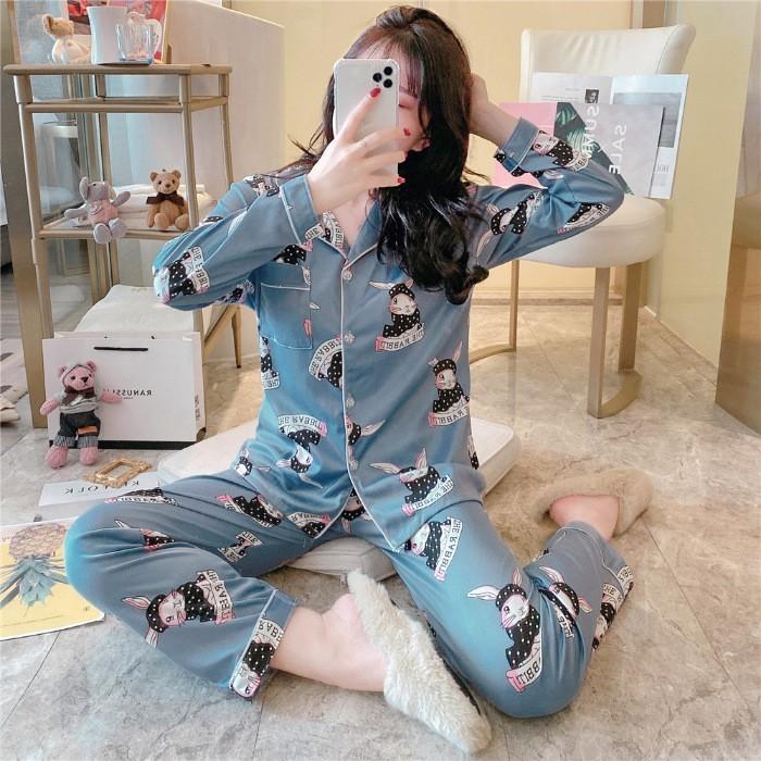 Rabbit Cute Blue Women Long Sleeve Pyjamas Pajamas PJs Baju Tidur