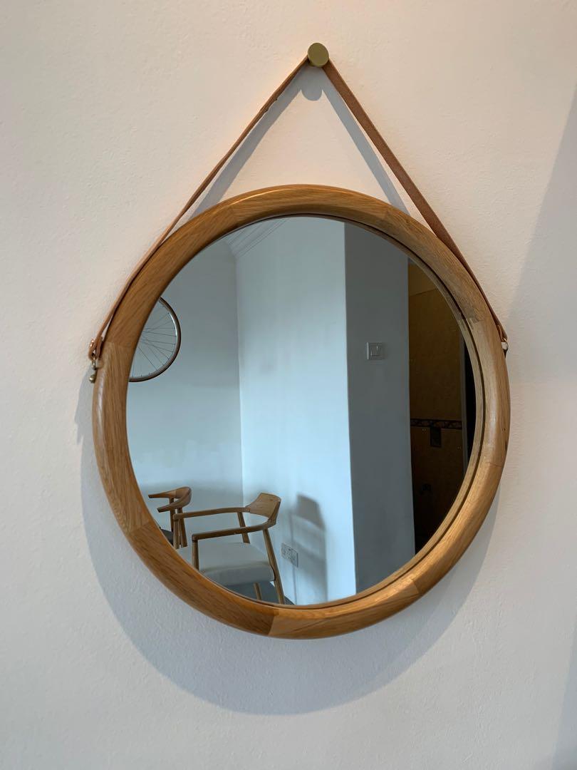 Solid white oak round mirror, Furniture & Home Living, Furniture