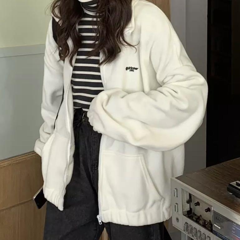 White fluffy sale zip up jacket