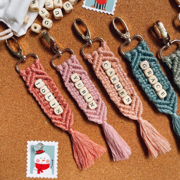 Wooden bead charms Chunky Macrame keychain