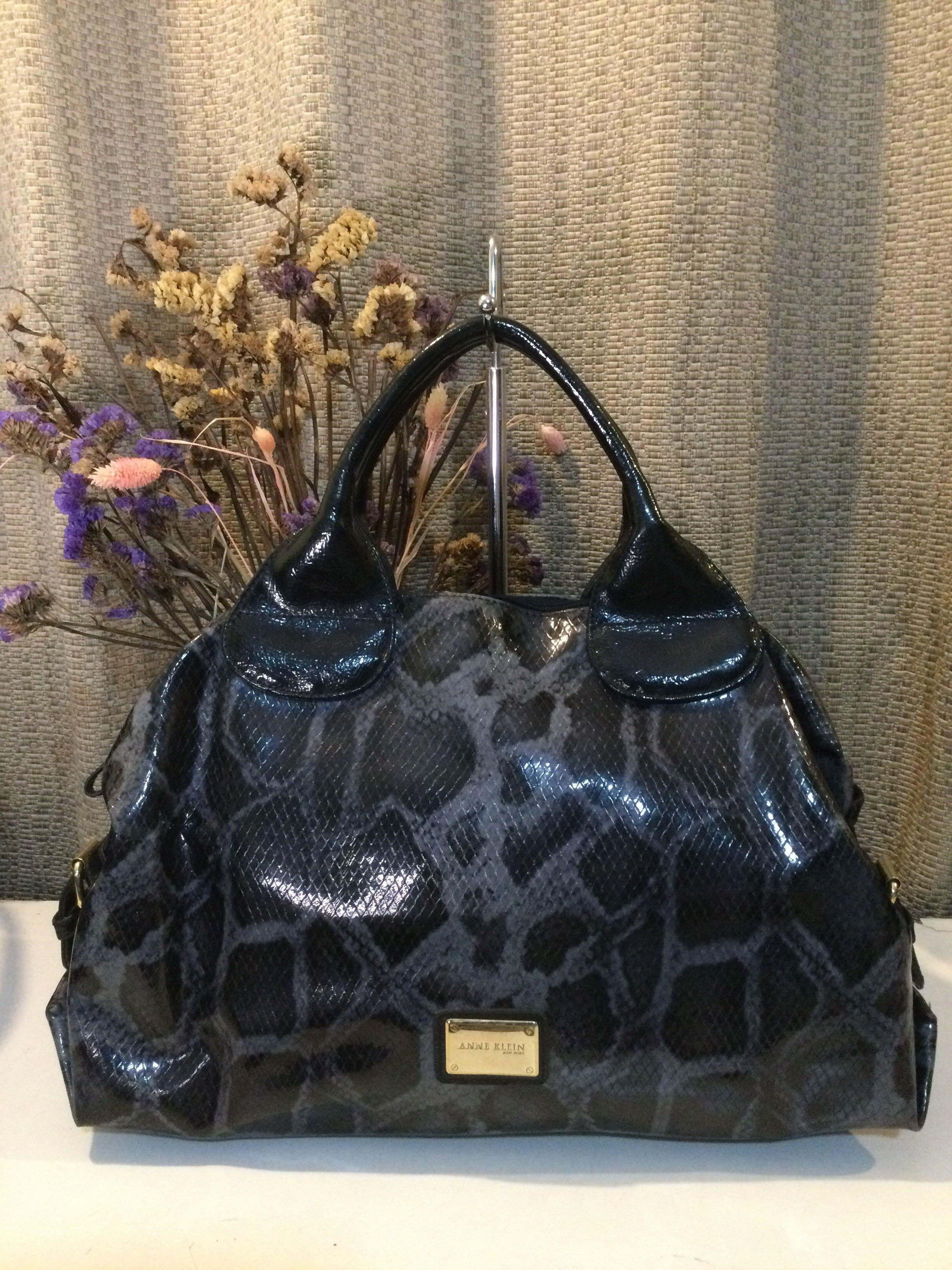 Anne Klein Black n Gray Patent Snake Travel Bag