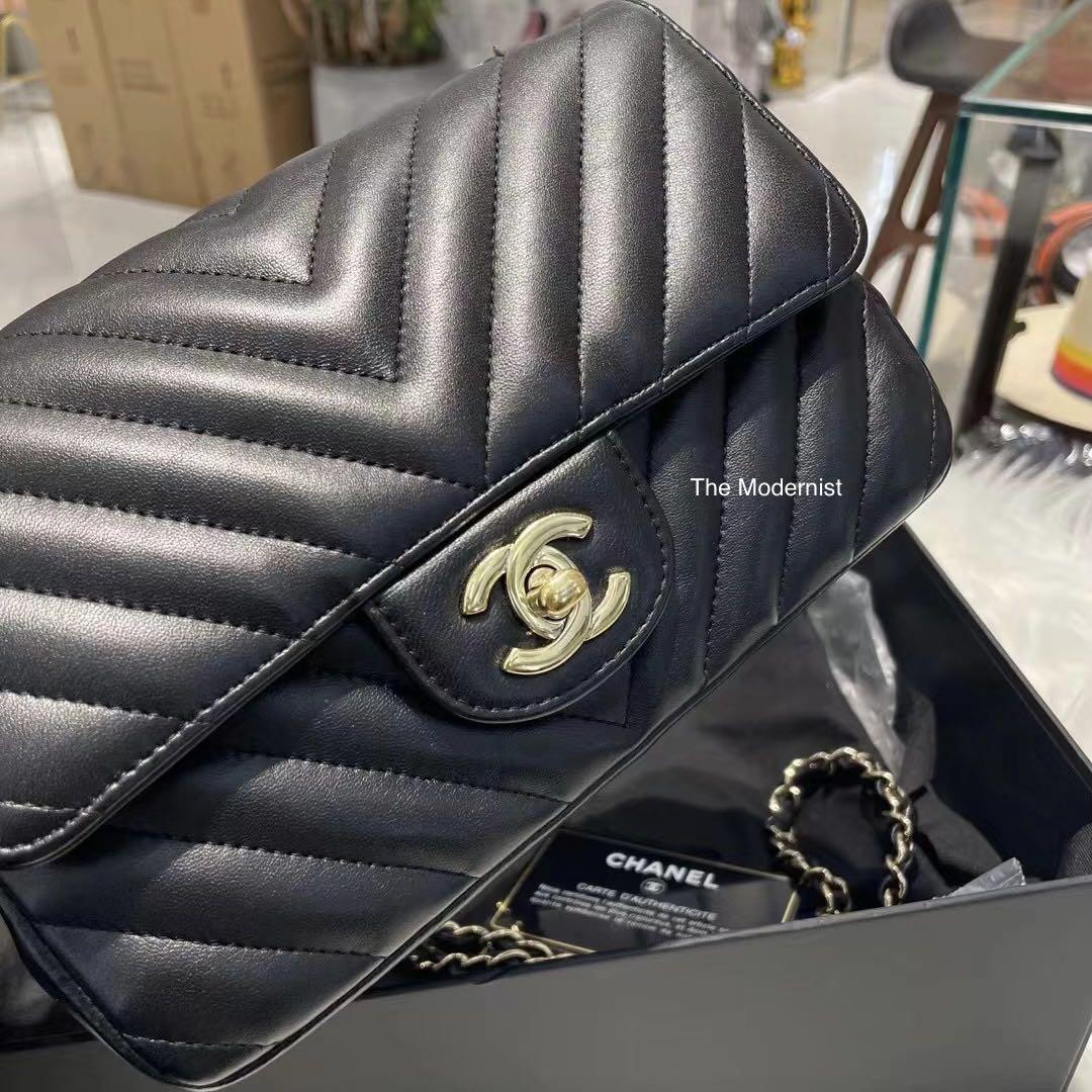 Chanel Classic Mini Rectangular, Black Shiny Chevron Calfskin with Aged  Gold Hardware, Preowned in Box WA001