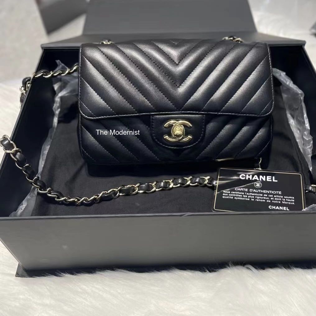 Authentic Chanel Mini Rectangular Flap Bag Chevron Black Lambskin Gold  Hardware, Luxury, Bags & Wallets on Carousell