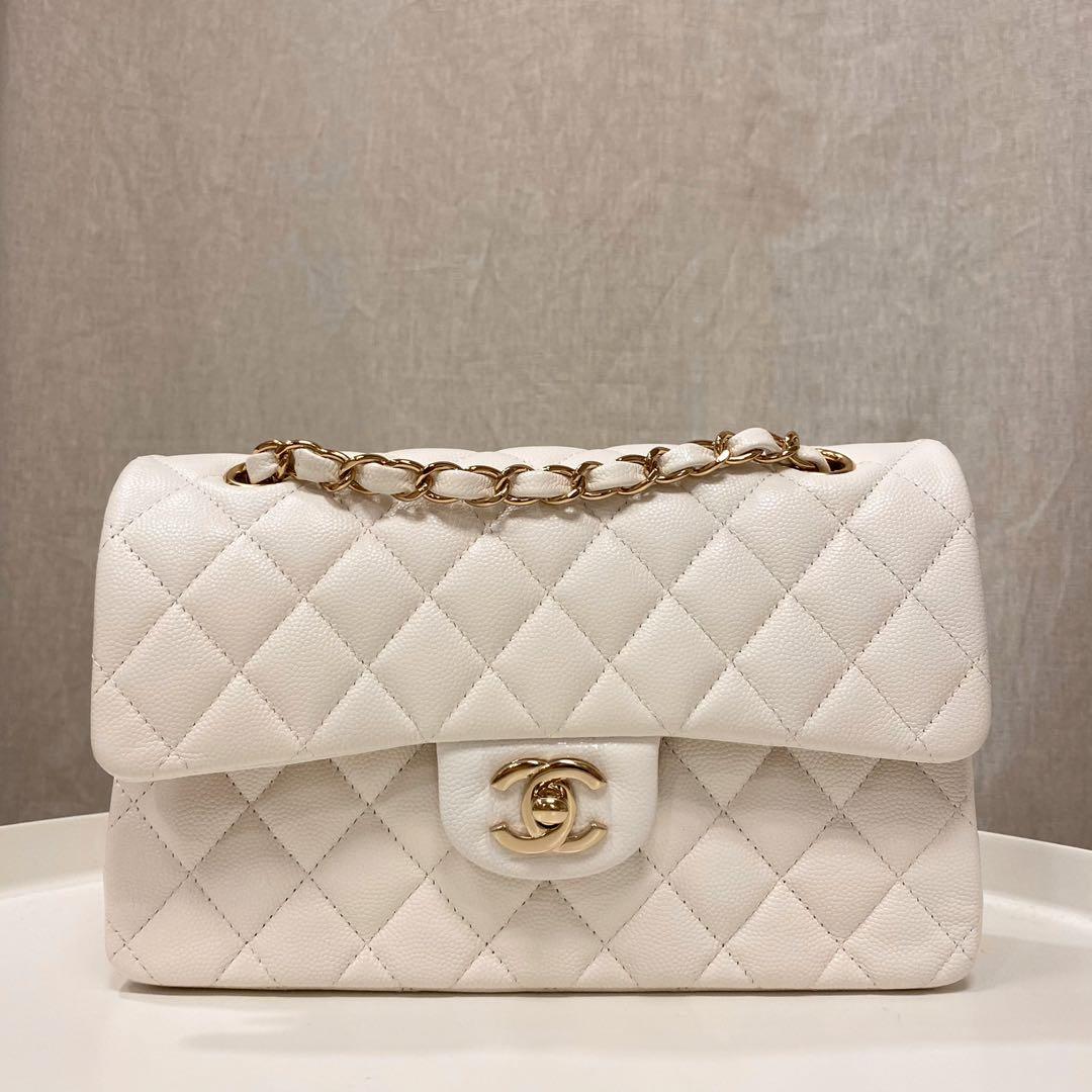Authentic Chanel White Small Classic Flap bag in Caviar and Gold Hardware,  Luxury, Bags & Wallets on Carousell