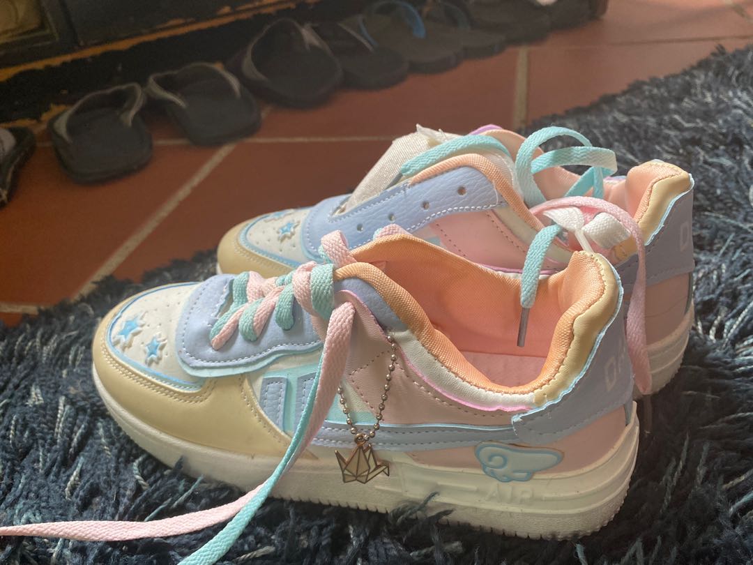Kawaii Pastel Rainbow Shoes Sneakers Pink Blue Yellow White, Women's