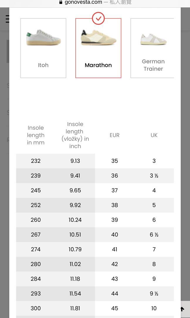 Novesta size chart top