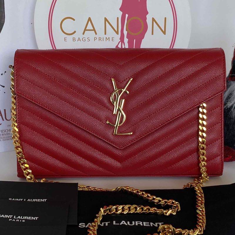 Auth Saint Laurent Bifold Purse Monogram Long Wallet YSL Red Leather Italy