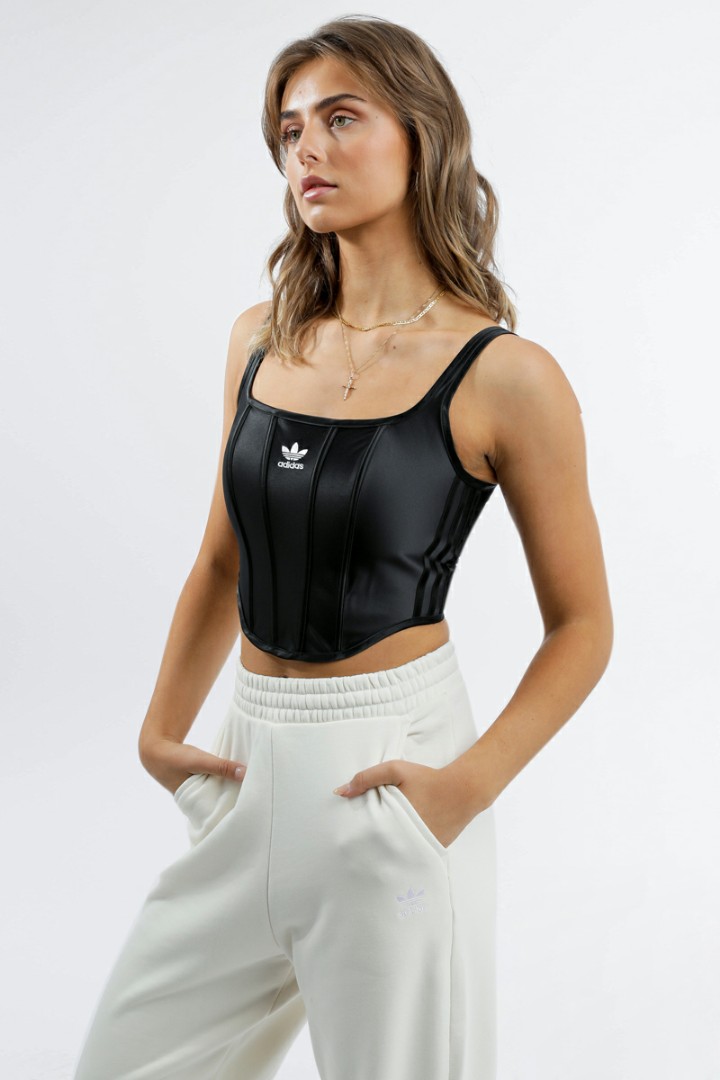 Adidas Originals 3 Stripes Structured Black Corset Top with Curved