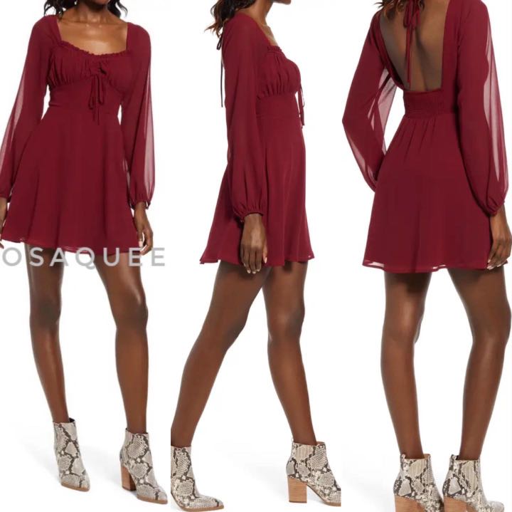Burgundy Long sleeve mini dress, 女裝, 連身裙 & 套裝, 連身裙 - Carousell