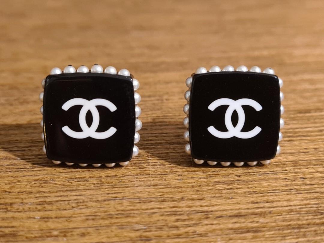 Chanel square CC on a faux pearl setting stud earrings  LuxuryPromise