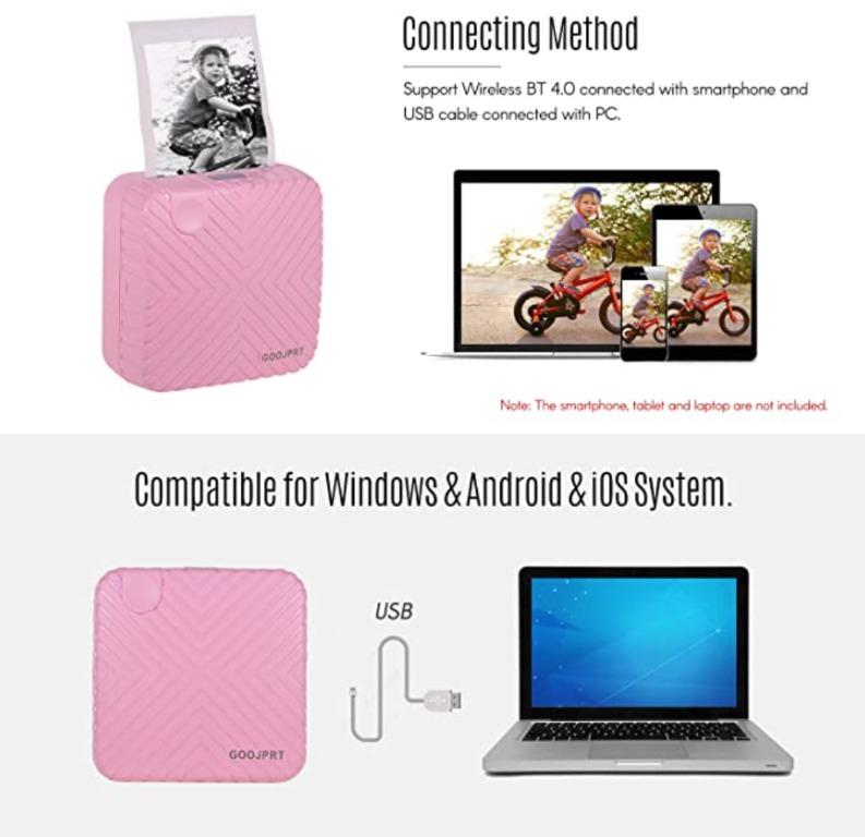 GOOJPRT P6 Pocket Mini Printer (Category: Printers, Scanners & Copiers) located in Marikina City. Submitted by skowshop (Listing ID 1127692305, Image 3). Description: Features: 【Connecting Method】: Support Wireless BT 4.0 connected with smartphone and USB cable connected with PC. Please follow the user guide to download relative APP(PeriPage)/driver on your devices.Compatible with Windows & Android & iOS System. 【Printing All You Like】: Support p