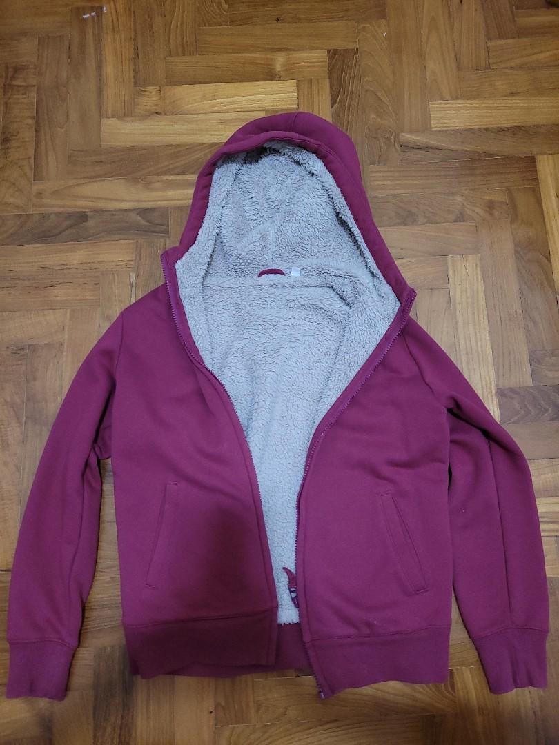 Maroon jacket with fur on the inside