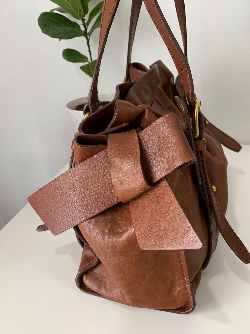 Miu Miu Brown Vitello Lux Leather Peggy Bow Tote Bag - Yoogi's Closet