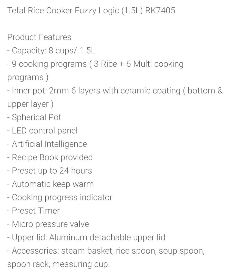 Tefal Rice Cooker Fuzzy Logic (1.5L) RK7405, TV & Home Appliances