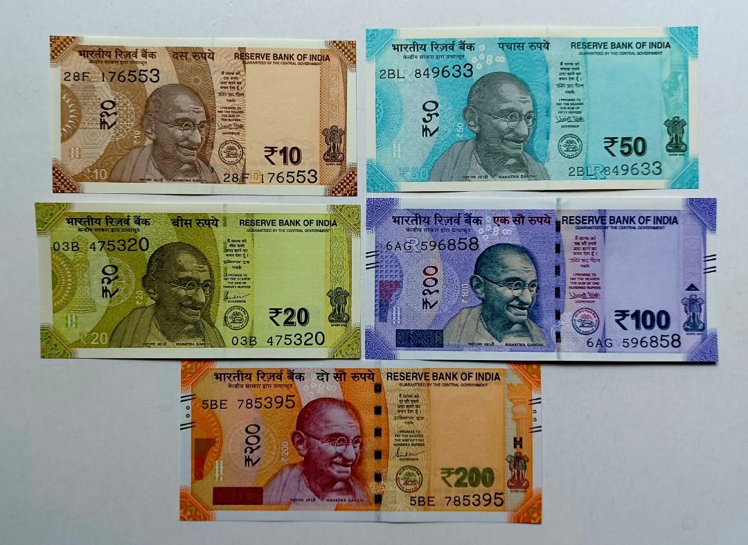 印度2017-2019年10盧比/20盧比/50盧比/100盧比/200盧比各一張UNC, 有微黃, 興趣及遊戲, 收藏品及紀念品, 錢幣-  Carousell