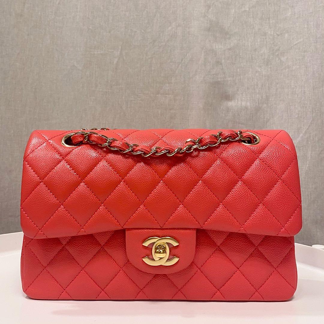 Authentic Chanel Coral Red Small Classic Flap bag in Caviar and Gold  Hardware, Luxury, Bags & Wallets on Carousell