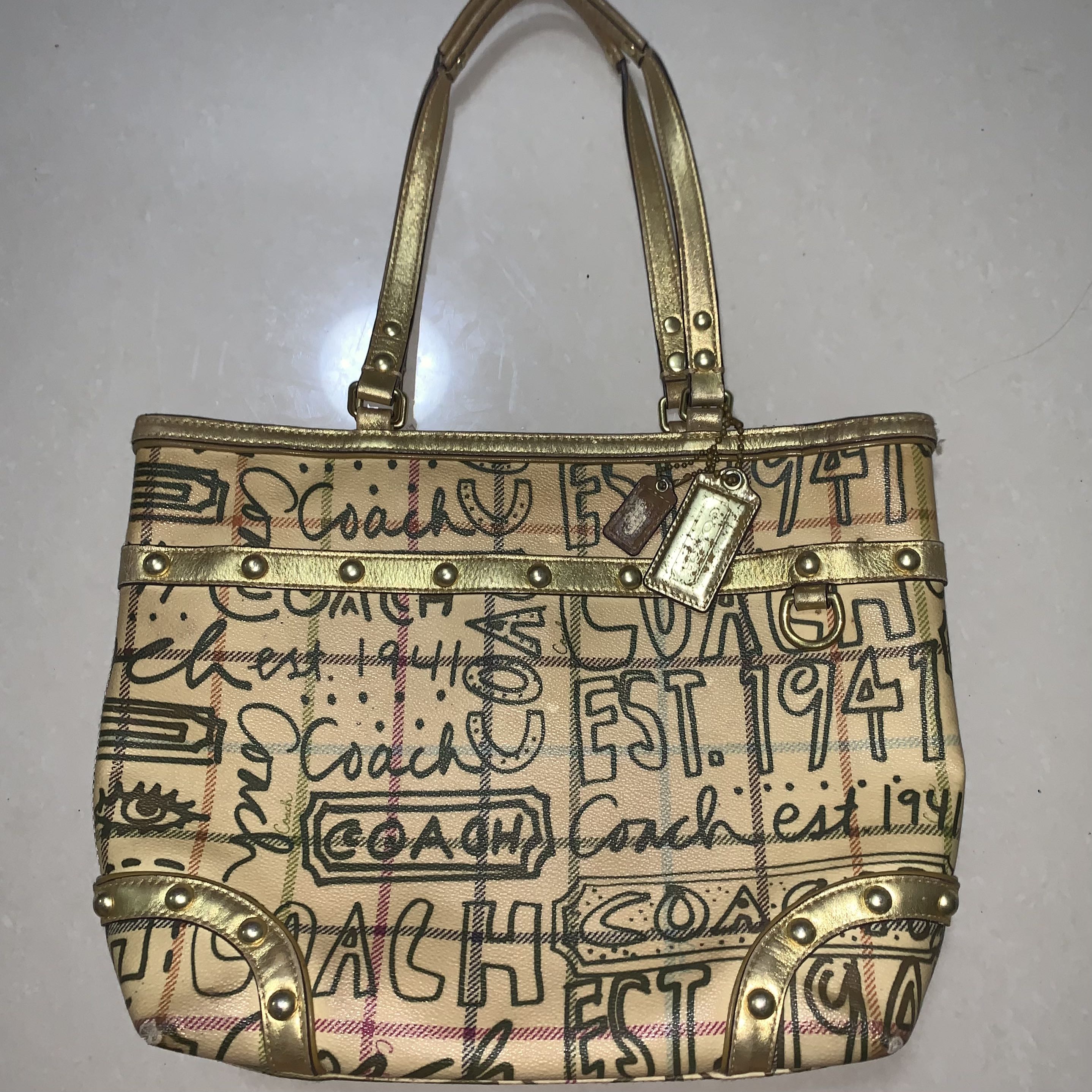 Authentic Coach Tattersall Graffiti Gold L0868-13188 Women's Purse Handbag  Tote