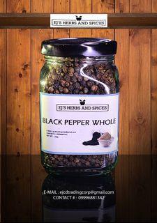 EJs Herbs and Spices WHOLE BLACK PEPPER 130g in Large Square Glass Jar
