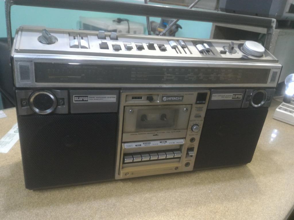 hitachie big boombox (Category: Portable Music Players) located in Quezon City. Submitted by alvicph (Listing ID 1127810090, Image 3). Description: heavily used boombox, no dial indicator, rewind di gumana, mga controls di na stable, cracking sound, may power, tape and radio working, led vu meter dial light working. auxially input tested ok puede sa mp3 at cellphone player, ideally for collectibles, 220V 243 banawe st. cor c3 qc 09338630024, stil