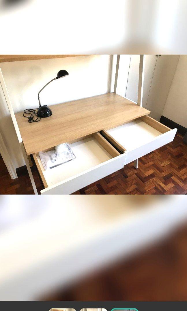 Scandinavian desktop/computer table with drawers (Category: Tables & Sets) located in Binan City. Submitted by mypetite_closet (Listing ID 1127824017, Image 3). Description: Rfs: decluttering wfh set up this is a heavy one. very sturdy and spacious. flaw: missing few screws while disassembling the item..but can easily replace in stores. shipping is via lalamove 4 wheels location. Biñan laguna.