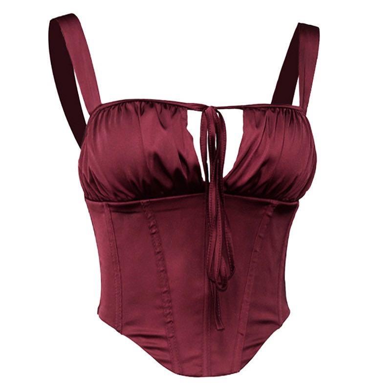 Wine Red Corset Top Satin, Women's Fashion, Tops, Sleeveless on Carousell