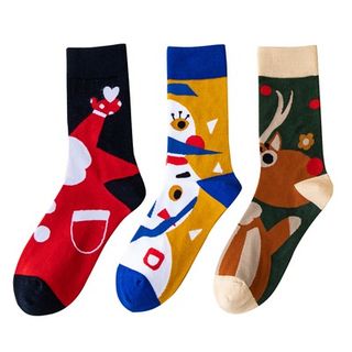 [8120] (3 pairs) Christmas Snowman Santa Claus Gift Mid-calf Cotton Socks - Set 6 (3 pairs) Socks / Stockings - Christmas / Snowman / Santa Claus huikl63016496025603110