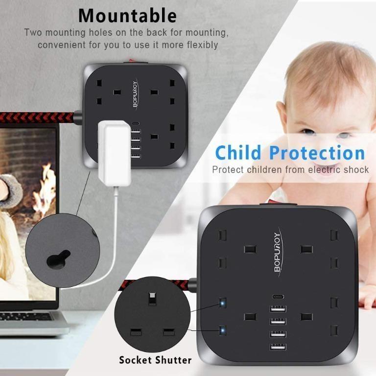 [ INSTOCK ] BOPUROY Extension Lead with USB Slots, 4 Way Outlets Power