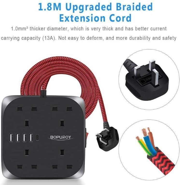 [ INSTOCK ] BOPUROY Extension Lead with USB Slots, 4 Way Outlets Power