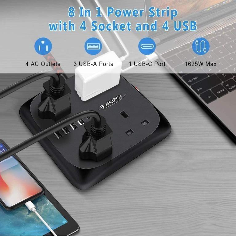 [ INSTOCK ] BOPUROY Extension Lead with USB Slots, 4 Way Outlets Power