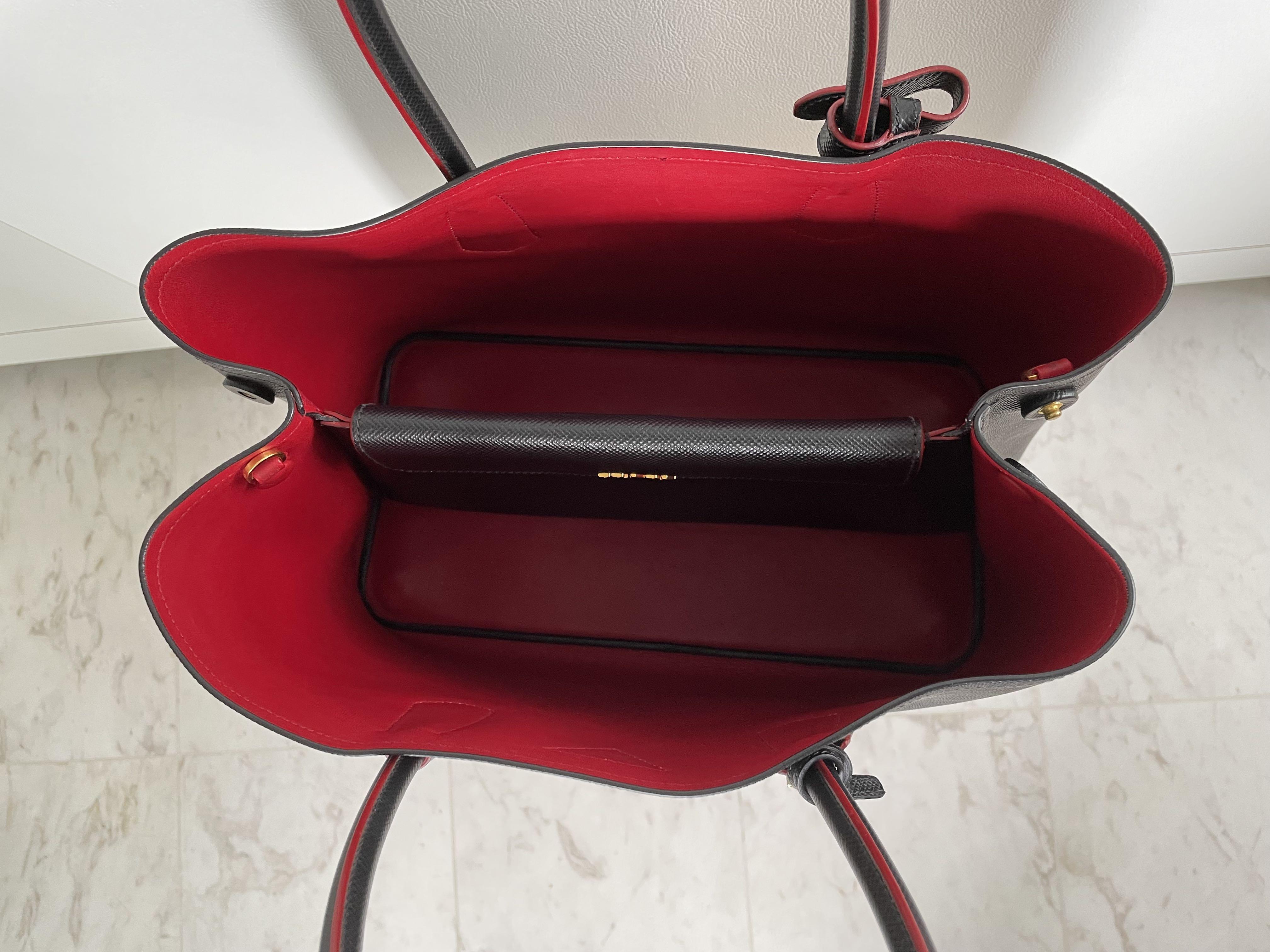 Prada Saffiano Cuir Double Bag, Black/Red (Nero+Ciliegia)