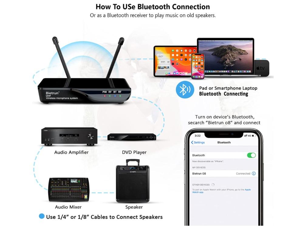Bietrun Dual Wireless Microphone (Category: Microphones) located in Marikina City. Submitted by skowshop (Listing ID 1128063183, Image 2). Description: Brand Bietrun Connector Type USB, 3.5 mm Jack Connectivity Technology Bluetooth Power Source Corded Electric Audio Sensitivity 95 dB Number of Batteries 2 AA batteries required. Polar Pattern Unidirectional Signal-to-Noise Ratio 95 dB Hardware Platform Laptop, PC, Smartphone Number of Channels 15 