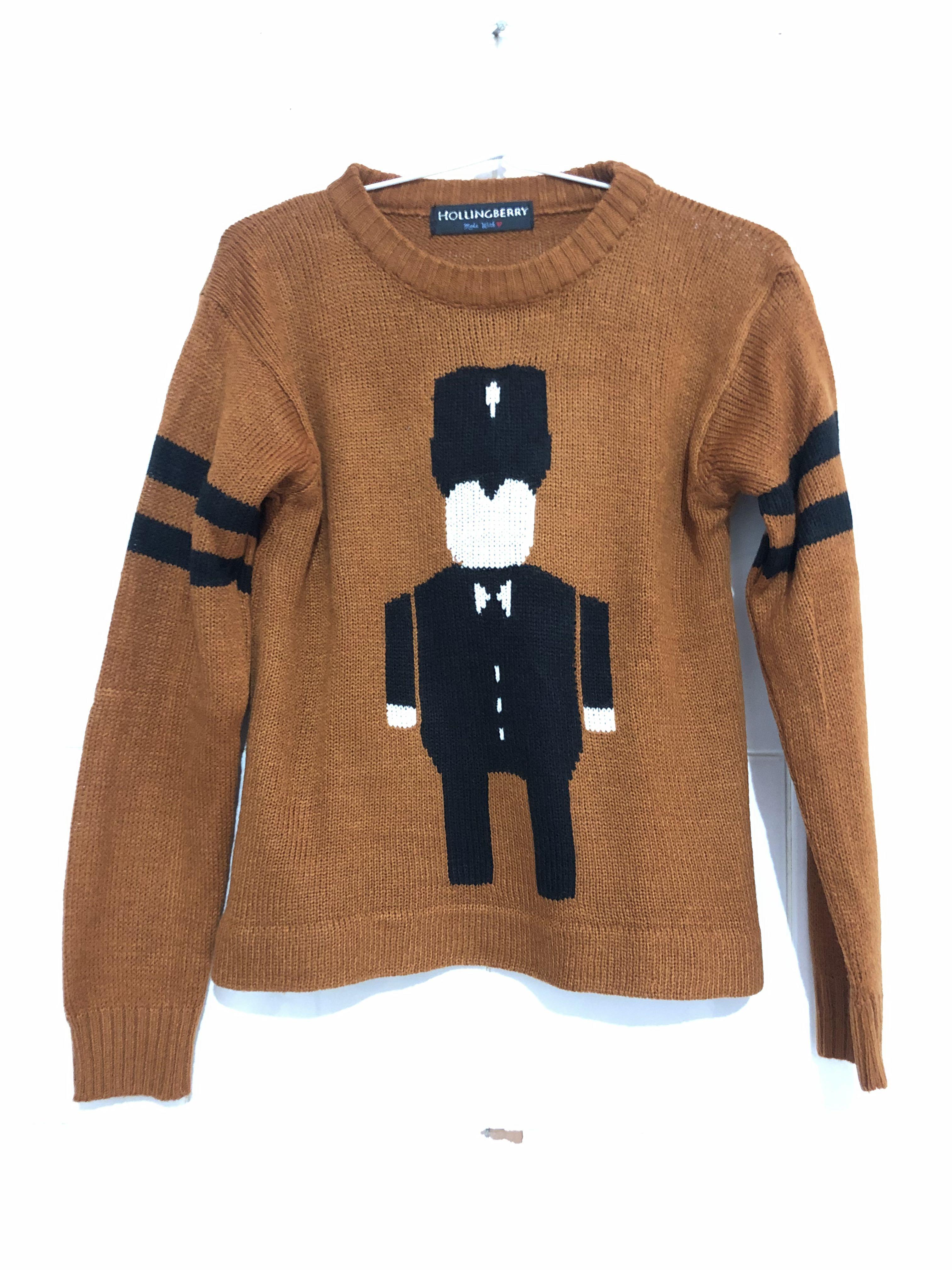 Brown Graphic Knit Sweater, Fesyen 