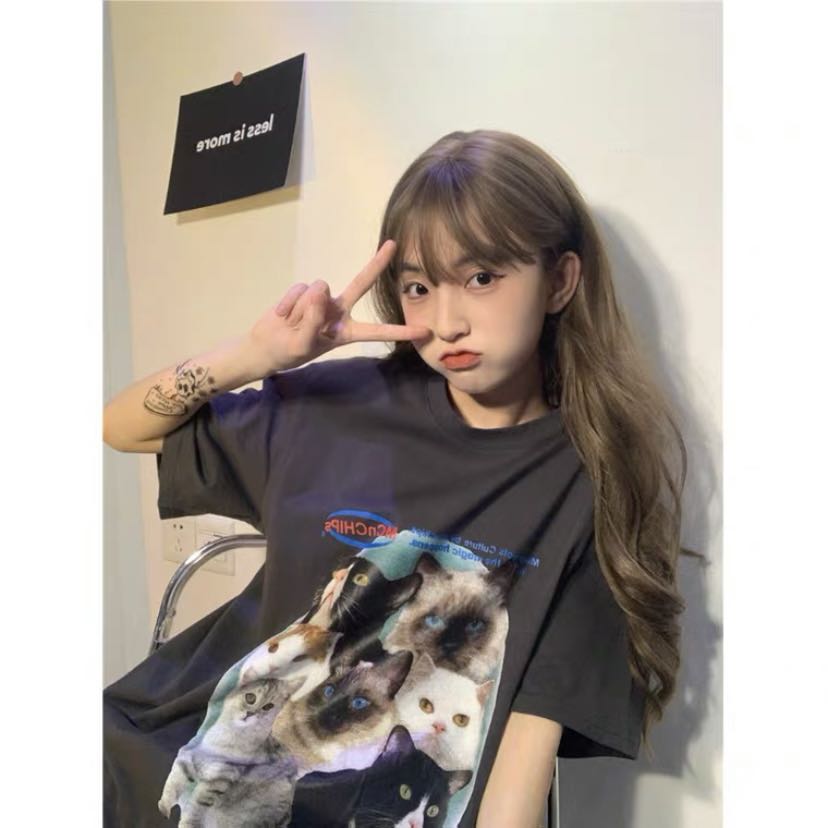 dark grey oversized cat tshirt, Women's 