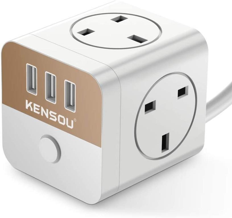 H1664 Cube Extension Lead, Kensou Power Strip with 3 USB Port 3 Way