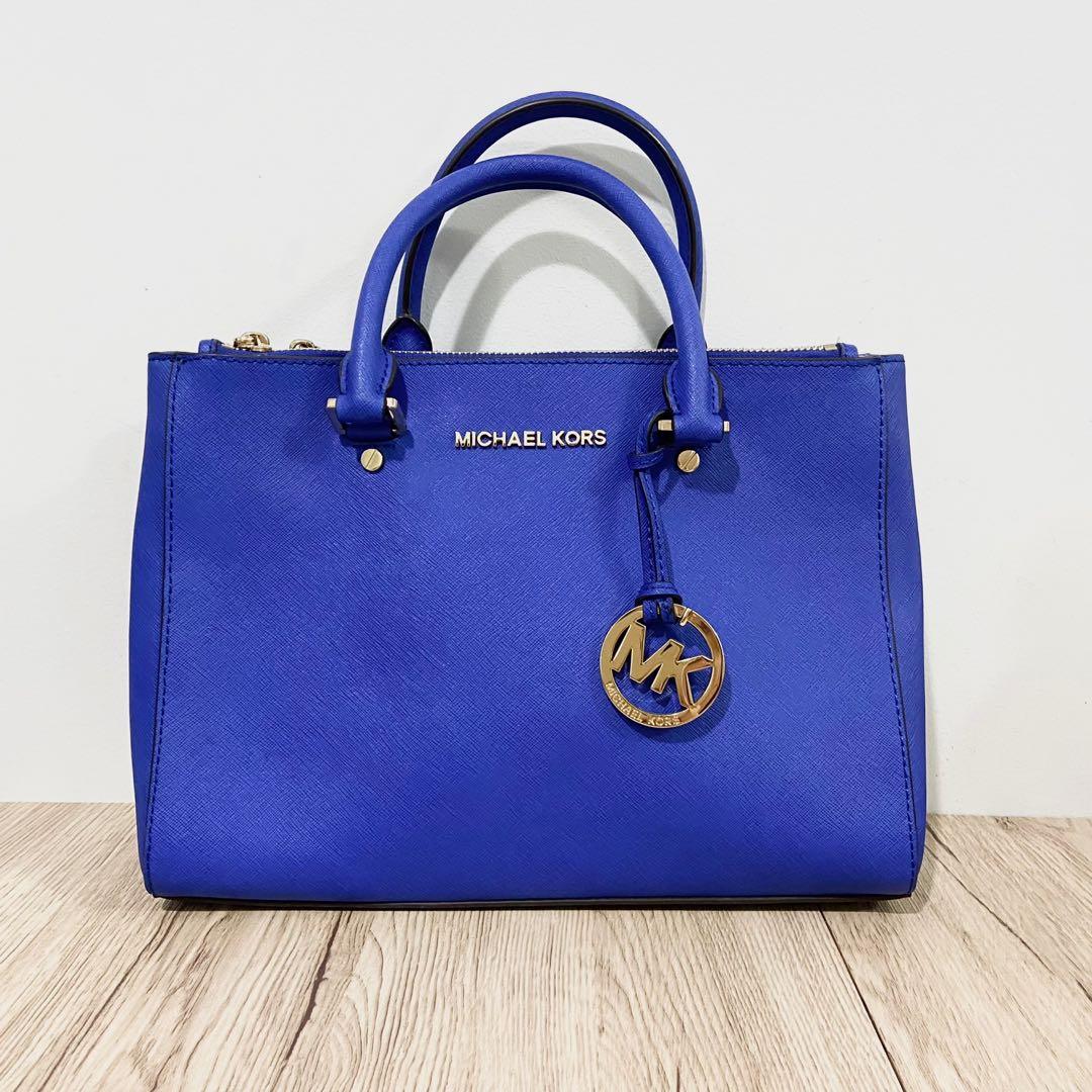 michael kors Leather royalblue Purse With Gold Chain Straps Satin Interior  | eBay