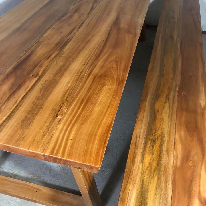 Solid Wooden Live Edge Carved Table (Category: Tables & Sets) located in Pasig City. Submitted by holzph (Listing ID 1127926383, Image 2). Description: Our mahogany dining tables can be live-edged carved on both sides for a more natural finish 🌳 This set sits 8-10 people and can be used for indoor or outdoor use. Table Measurements: Length: 244cm / 8ft Width: 84cm / 33” Height: 76cm / 30” Thickness: 3.8cm / 1.5” *our tables and benches can be cu