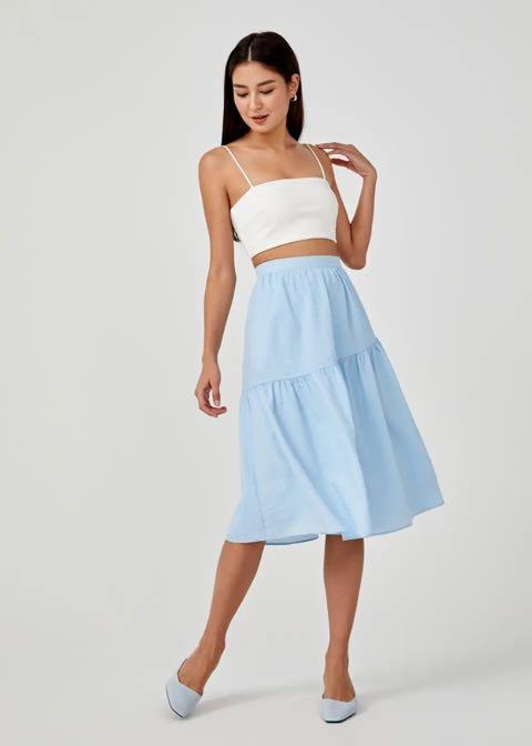 BNWOT LB Evie Ruched Hem Midi Skirt Blue Love Bonito M Women s Fashion Bottoms Skirts on Carousell