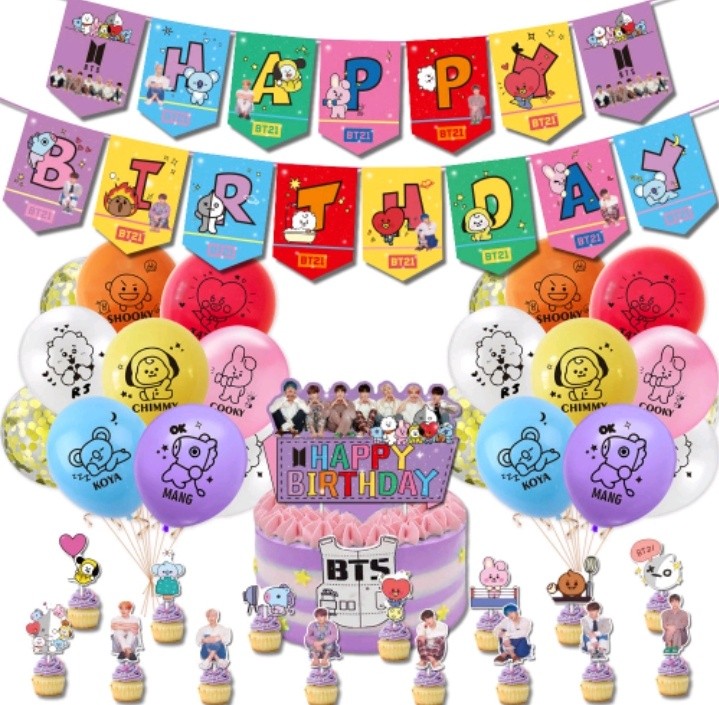 BTS BT21 HAPPY BIRTHDAY BANNER, BALLOONS, CAKE TOPPER, CUPCAKE TOPPER