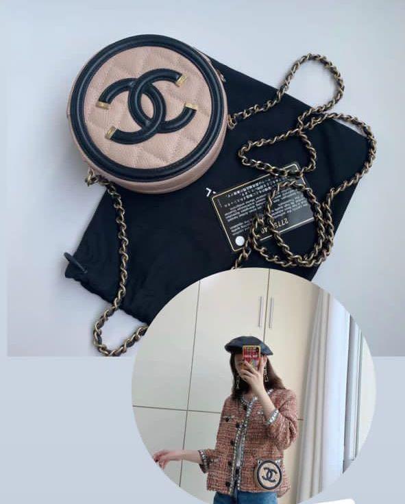 Chanel Clutch Filigree Round with Chain Quilted Caviar Mini Pale Pink and Black Leather Shoulder Bag