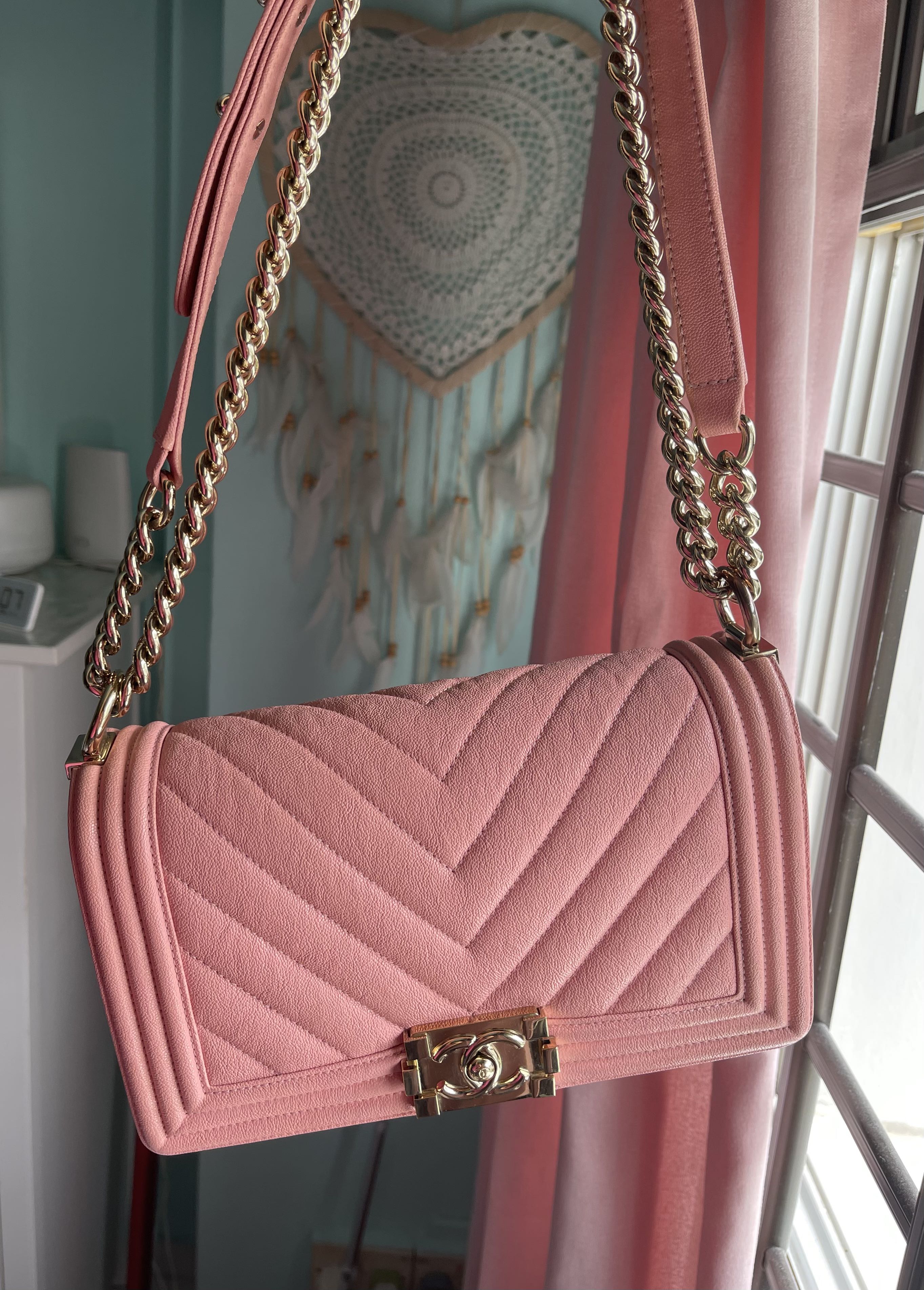 Chanel Old medium Boy bag chevron iridescent caviar pink 19s Women s Fashion Bags Wallets Shoulder Bags on Carousell
