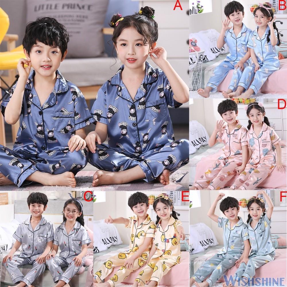 New Arrival Kids Baby Baju Tidur Sleepsuit Children Cartoon Print Sleepwear Pajamas Set Short Sleeve Silk Stain Boys Girls Pyjamas Suit