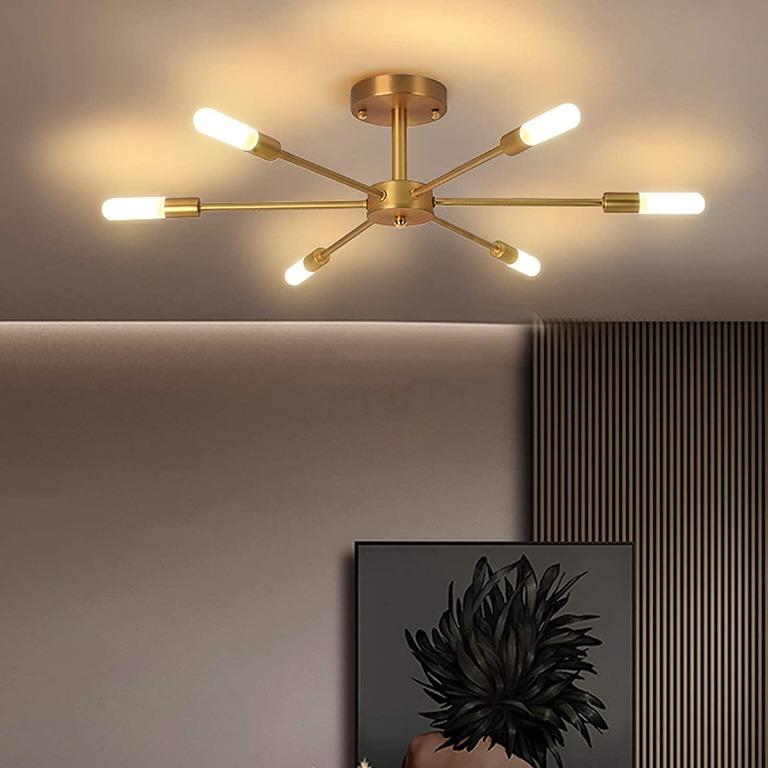 OYIPRO Ceiling Light Fixture 6-Light Chandelier, Frosted Glass Lampshade,  G9 Lamp Base, Semi-Flush Mount Kitchen Light, Gold for Living Room Bedroom  Dining Room Balcony Hallway 