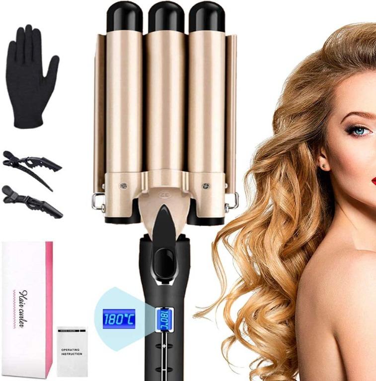 X7063 Hair Waver RINBO Curling Wands 3 Barrel Hair Waver Curling Iron Wand Hair Wavers with LCD Display 14 Grades Adjustable Temperature 80 210 Crimping Bubble Styling Tool Beauty Personal Care Hair ...
